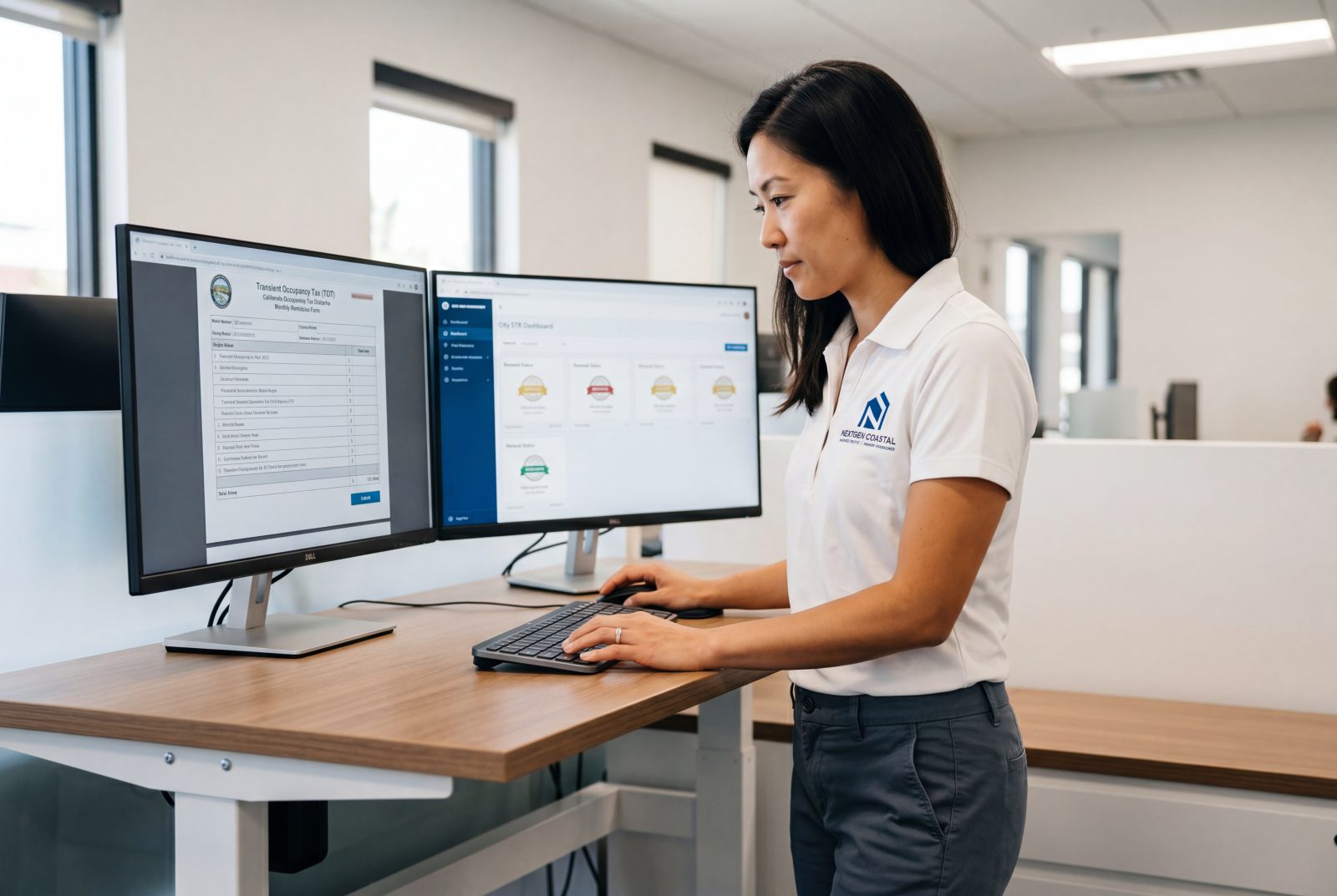 NextGen Coastal STR compliance manager at a dual-monitor workstation filing a monthly Transient Occupancy Tax remittance for a California municipality