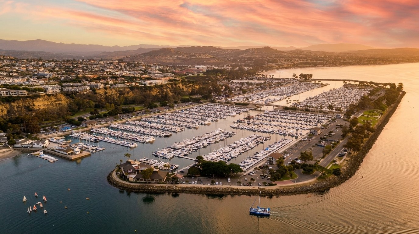 Dana Point Harbor with vacation rental homes above the marina