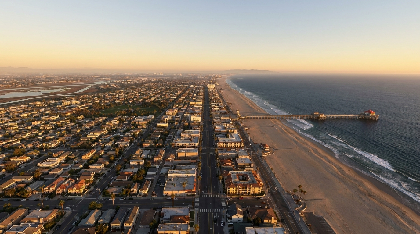 Huntington Beach pier and vacation rentals along the Pacific Coast