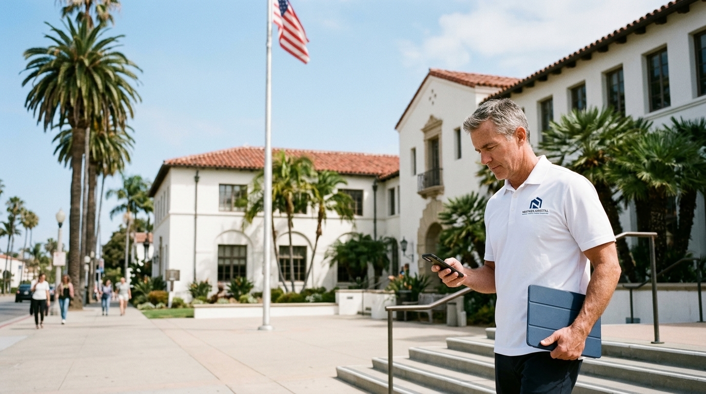 NextGen Coastal compliance manager exiting a coastal California city hall with a short-term rental permit reference on a tablet