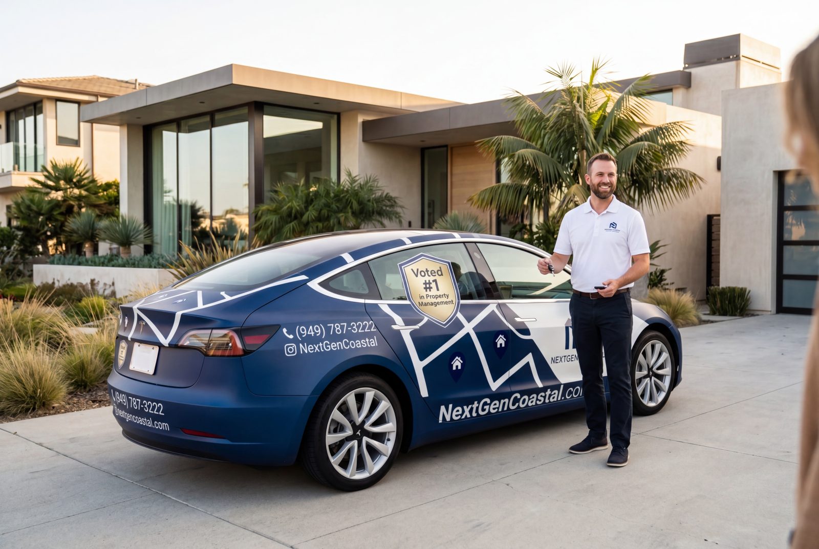 A NextGen Coastal Tesla Model 3 with subtle brand graphics parked in the driveway of a high-end coastal California vacation rental, an NGC concierge handing over keys